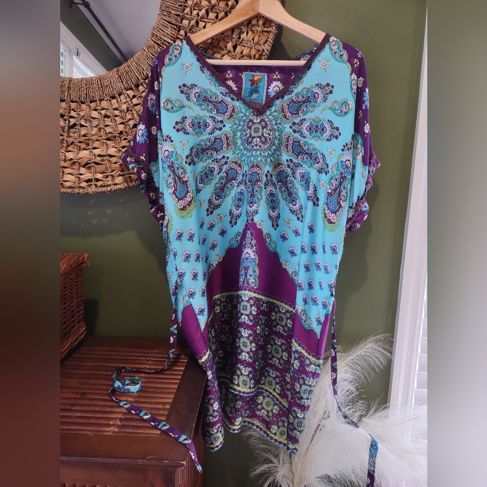Johnny Was Machine Washable 100% Silk Blue & Purple Tunic Top